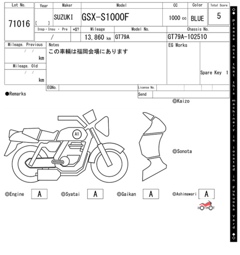 Мотоцикл SUZUKI GSX-S 1000 F 2016, СИНИЙ фото 11