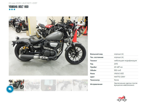 Мотоцикл YAMAHA XV950 BOLT 2015, серый фото 6